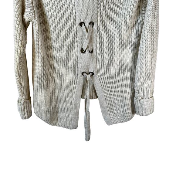 American Rag Cie Women's Lace Up Back Chunky Knit Sweater Cream Small Fisherman - Picture 7 of 9